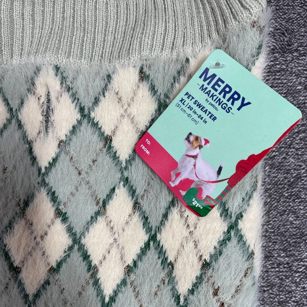 Merry Makings Petco Mint Argyle Dog Sweater XL Holiday Metallic Knit HLDY-MINT